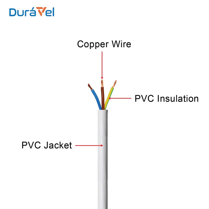 درافل كابل كهربائي ثلاثي النواة من دورافيل، سلك طاقة معزول بمادة PVC بيضاء، موصل نحاسي مرن (30 مترًا، 1.5 مم) - Image 2